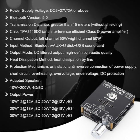 C50HS Bluetooth Amplifier Board TPA3116D2 HiFi Chip 12-24V DC Input,Support USB Sound Card/USB Flash Driver, AUX, Bluetooth Multiple Input Modes (...