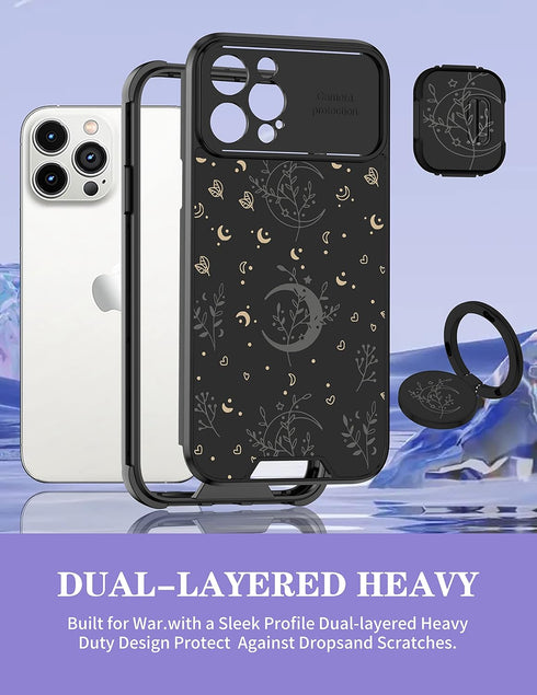 Goocrux (2in1 for iPhone 12 Pro Case Moon Plants for Women Girls Cute Phone Cover Flower Heart Stars Space Design with Slide Camera Cover+Ring Hol...