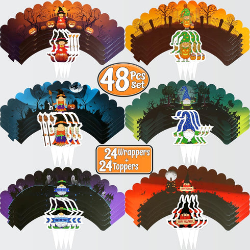 Halloween Cupcake Wrappers | 48 Pcs Set (24 Wrappers + 24 Toppers) | Halloween Gnomes Cupcake Wrapper Set | Halloween Party Decorations Baking | S...