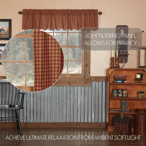 VHC Brands Burgundy Check Primitive 16"x72" Valance Red Rod Pocket Cotton Kitchen Window Curtains...