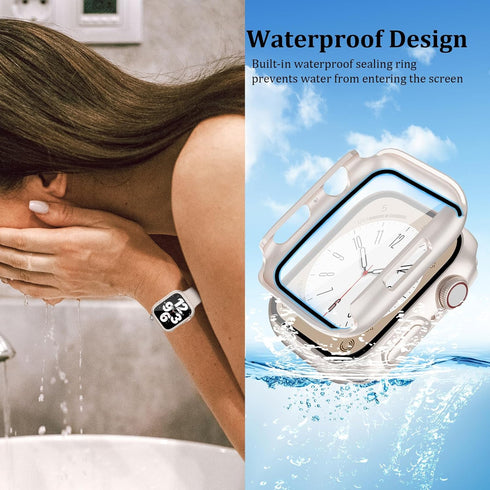 2 Pack Waterproof Case for Apple Watch Series 9 8 7 41mm with Tempered Glass Screen Protector, iWatch Full Protective Hard PC Bumper Case Face Cov...
