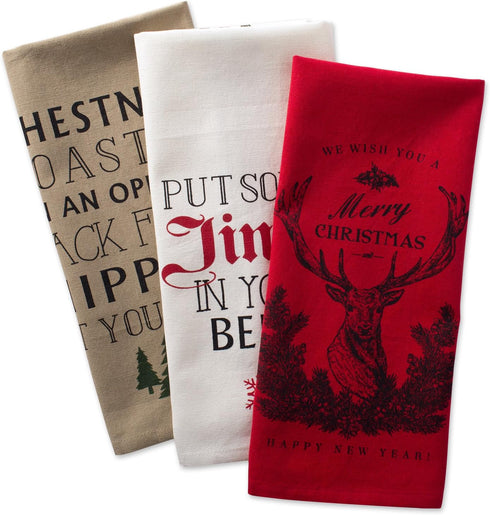 DII Holiday Collection Vintage Print Dishtowel Set, 18x28, Christmas Stag, 3 Piece...