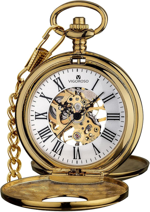 VIGOROSO Vintage Hand Wind Up Pocket Watches for Men, Mechanical Pocket Watch with Chain, Mens Skeleton Pocketwatch...