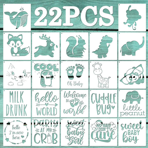 22 Pack Cute Baby Shower Stencils for Onesie Decorating Kit, Boy Girl Shirt Fabric Stencils for Clothes Phrases Mixed Animals Pattern Templates fo...