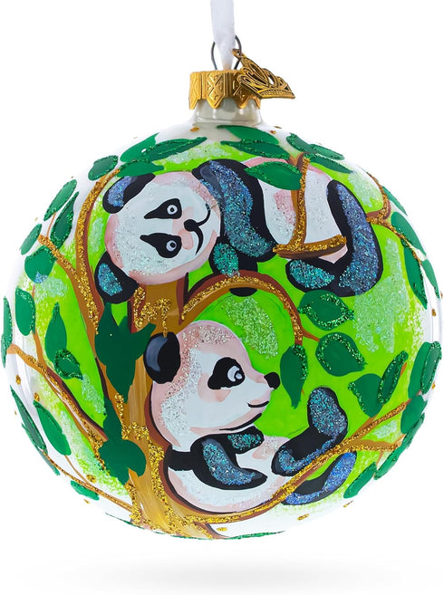 Panda Bears on Tree Branch Glass Ball Christmas Ornament 4 Inches...
