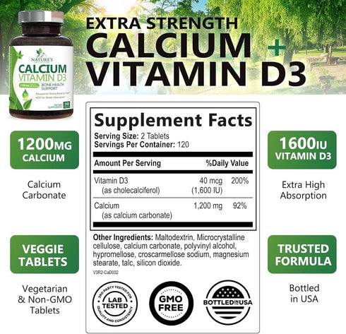 Calcium 1200 mg Plus Vitamin D3, Bone Health & Immune Support - Nature's Calcium Supplement with Extra Strength Vitamin D for Extra Strength Carbo...