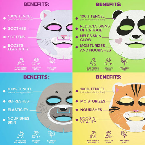 7DAYS Animal Face Masks Skincare (Set of 4) - Character Sheet Masks Set Moisturising, Hydrating - Birthday Party Gift for Women, Girls Night, Kids...