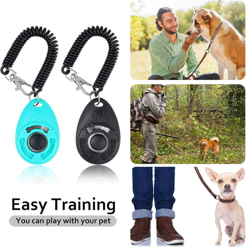 Dog Clicker Training Kit, 1 Dog Treat Training Pouch and 2 Pieces Pet Training Clicker with Wrist Strap, Built in Poop Bag Dispenser Easily Carryi...