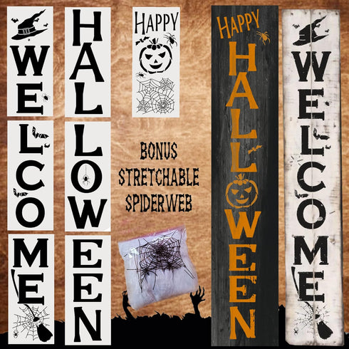 Welcome Stencils and Halloween Stencils with Spider Webs - Welcome Stencil Templates for a Vertical Sign - Halloween Stencils for Painting on Wood...