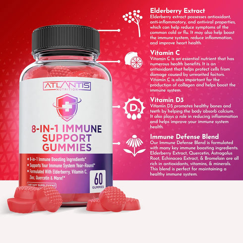 8-In-1 Immune Support Gummies With Elderberry - Powerful Immune Support Supplement Blend Of Elderberry, Quercetin, Zinc & Vitamin C Gummies Are Gr...