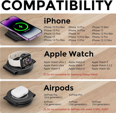 3 in 1 Charging Station for Apple Multiple Devices, Foldable Travel Wireless Charger 18W for iPhone 15 14 13 Pro Max Plus &Apple Watch Series/Airp...