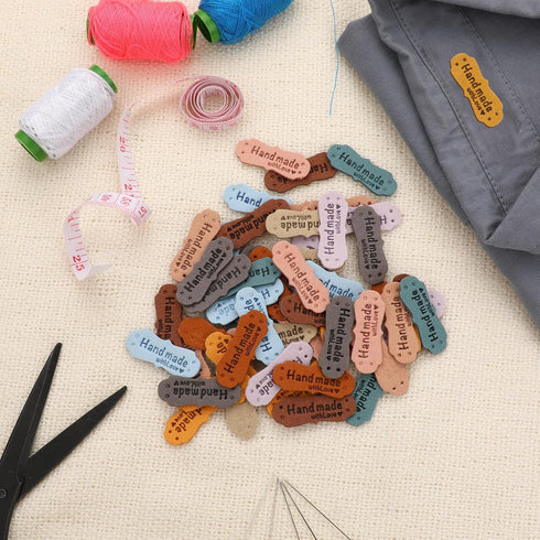 60Pcs Handmade Sewing Labels, PU Leather Labels Sewing Labels for Handmade Items with Hole DIY Sewing Lables for Embellishment Crochet Knitting Ha...
