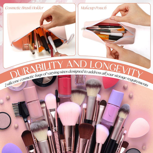 2 Pcs Silicone Makeup Bag and Makeup Brush Holder Silicone Cosmetic Bag with Zipper Waterproof Travel Toiletry Bag Makeup Tools Organizer for Trav...