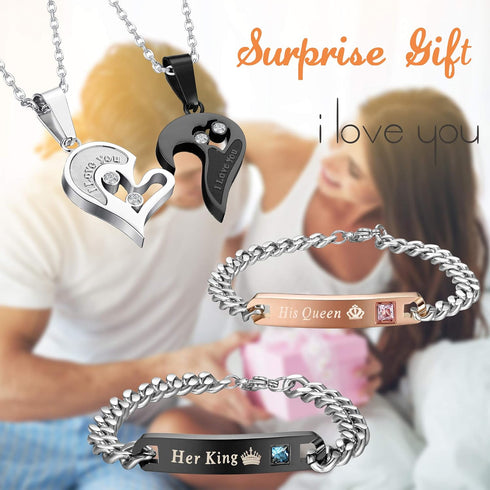 Jstyle 4Pcs Couple Necklace Bracelets Matching Set for Women Men Heart Pendant Necklace His and Hers Bracelets Couple Gift...
