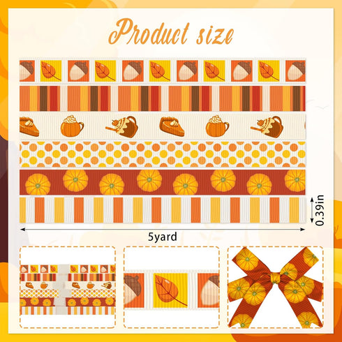 6 PCS Fall Grosgrain Ribbons 3/8" Fall Thanksgiving Decor Ribbons 5 Yards, Pumpkin Leaves Stripe Craft Ribbons for Autumn Thanksgiving Party Favor...