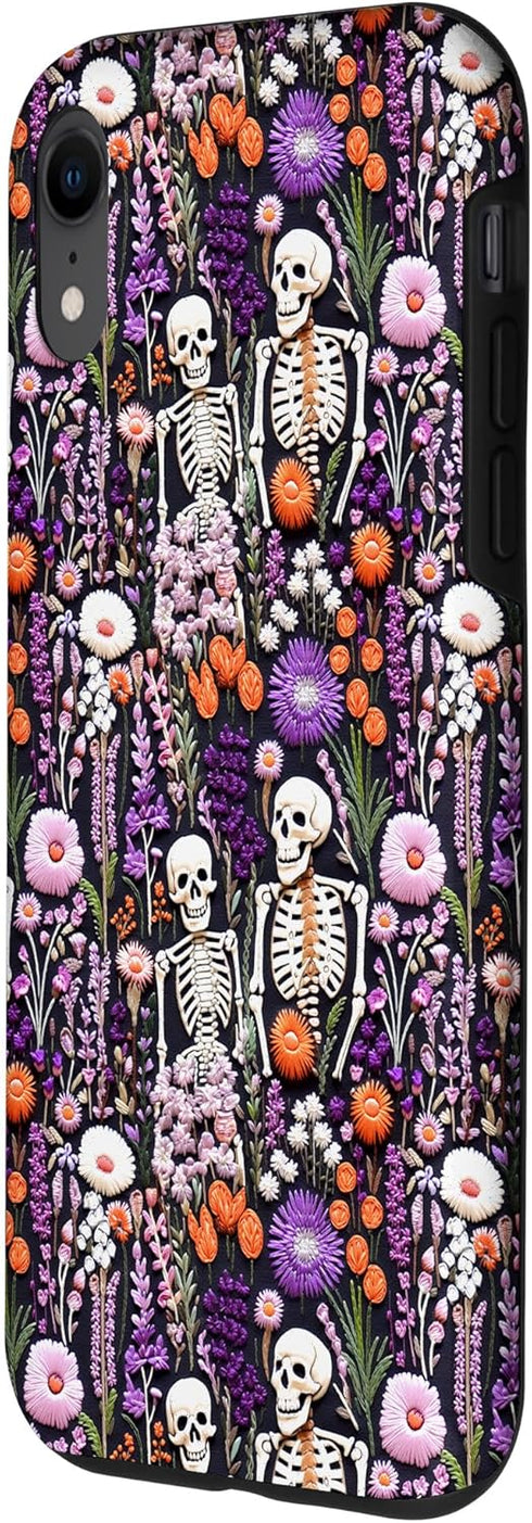 iPhone XR Fall Forest flower 3D Cute Skeleton Embroidery Pink Floral Case...