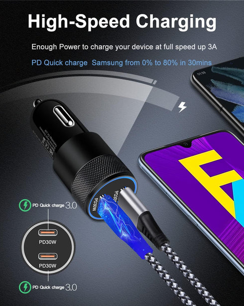 60W USB C Car Charger, 2 Pack AILKIN USB C Cigarette Lighter Adapter Fast Charging Dual Port PD3.0 Type C Car Charger Plug Compatible with iPhone ...
