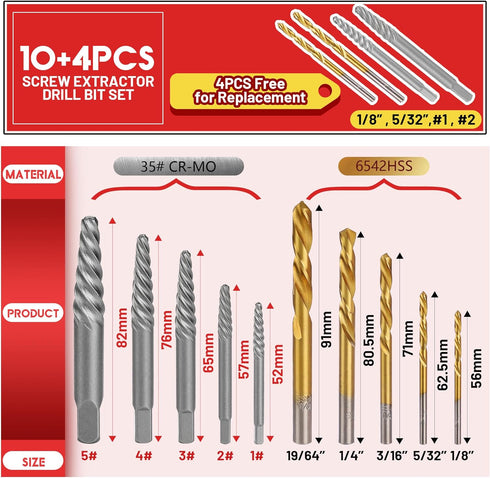 14 Pieces Screw Extractor Set, 35# Cr-Mo & 6542 HSS Steel Cobalt Left Hand Drill Bits Set for Removing Stripped Screws and Broken Bolts Ez Out Scr...