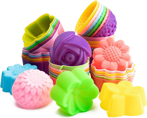 R HORSE 42Pcs Mini Size Silicone Molds, 2 x 0.8 inch Cupcake Multi Flower Shapes Baking Cups Non-Stick Donut Wrapper Mold Muffin Liners Washable f...