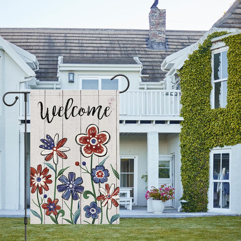 Welcome 4th of July Garden Flag 12x18 Inch Double Sided, Patriotic Independence Day Flower Yard Flag for Memorial Day Outdoor House Decorations (O...