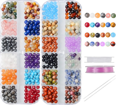 4mm Natural Mixed Materials Gemstones Beads Tiny Spacer Round Loose Beads Jewelry Making KIT with Thread and Needles 600 PCS(24 Natural, 4mm)...