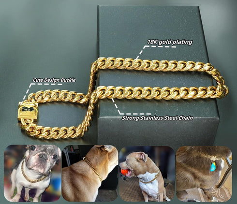Chain Collars for Large Medium Small Dogs Heavy Duty 15MM Stainless Steel Silver/Gold Cuban Link Collars with Cute Design Secure Buckle,Training W...