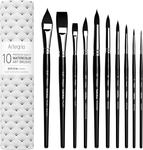 ARTEGRIA Watercolor Brush Set, 10 Professional Soft Synthetic Squirrel Paint Brushes, Including Pointed Rounds, Flats, Dagger, Oval Wash...