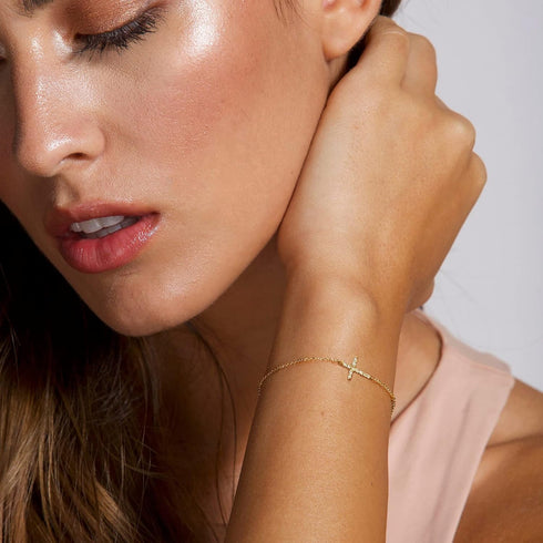 Tewiky Cross Bracelet for Women Dainty 14k Gold Cubic Zirconia Classic Tennis Bracelet Cute Gold Tiny Rope Cuban Figaro Herringbone Chain Link Bra...
