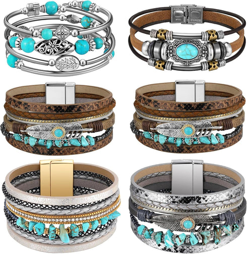 Sasylvia 6 Pcs Turquoise Bracelet for Women Leather Bracelet Western Jewelry for Women Multilayer Boho Cuff Bangle Set...