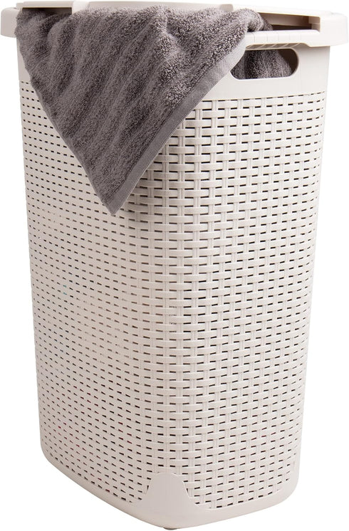 Mind Reader Slim Laundry Hamper with Lid, 60L Clothes Basket, Wicker Design, Plastic, 17.65"L x 13.75"W x 24.15"H, Ivory...