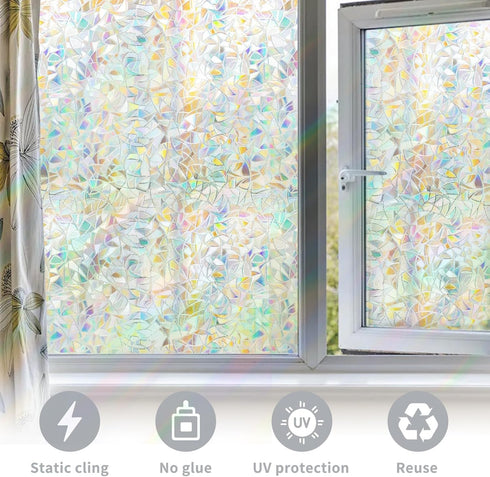 WPCTEV 3D Window Film No Glue Privacy for Glass Sticker Static Cling Heat Control Anti UV Non-Adhesive Decorative Crescent 17.7 Inch x 6.5 Feet...