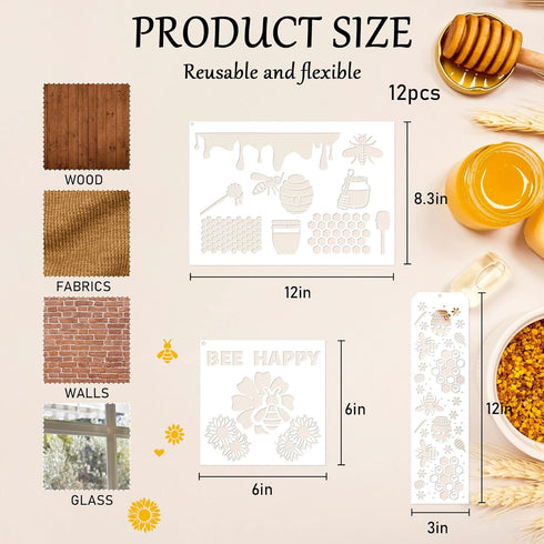 Honeybee Stencils for Painting - 12 Pcs Honeybee Stencils for Crafts Reusable, Daisy Flower Honeybee Stencils for Painting on Wood, Reusable Honey...