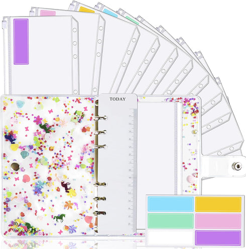 A6 Binder Cover and 12 Clear Envelopes, Budget Binder with Cash Envelopes for Budgeting, Binder Pockets Cash Envelope Wallet, Budget Planner Organ...