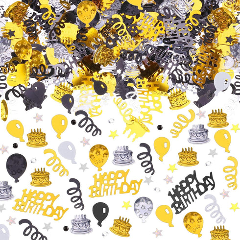 WILLBOND 4000 Pcs Black Gold Silver Birthday Confetti Party Decoration Happy Birthday Cake Balloon Metallic Foil Table Scatter Confetti for Birthd...