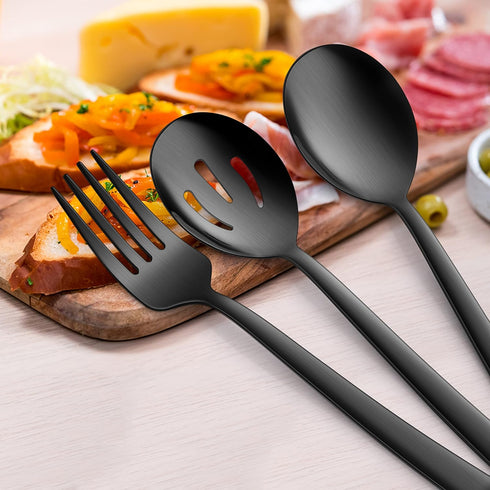 E-far Matte Black Serving Utensils Set of 6, Stainless Steel 8.7 Inch Hostess Serving Set with Square Edge, Metal Serving Slotted Spoons Forks for...