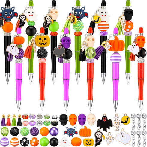 Tenceur 12 Pcs Halloween Plastic Beadable Pen Bead Ballpoint Pen Halloween Silicone Beads 105 Pcs Accessories DIY Black Ink Bead Pen Pumpkin Skull...