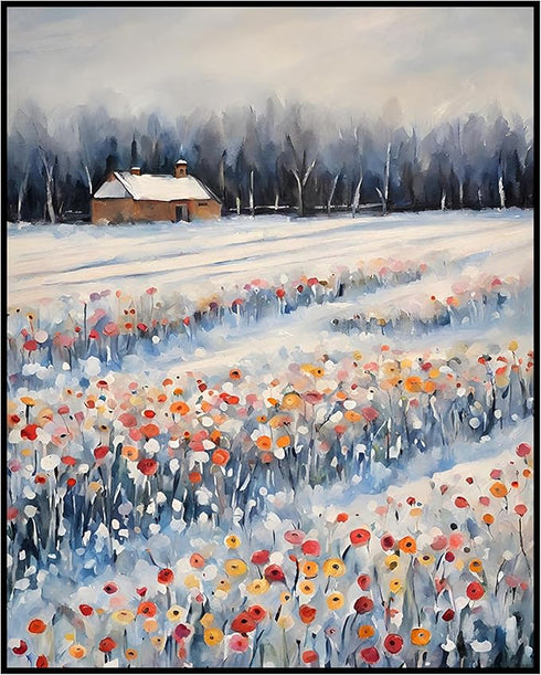 Posterizer 1 pcs-snowy winter flowers scene in oil painting style-11-Floral & Botanical Art-Landscape & Nature Art-Living Room Bedroom Decor- unfr...