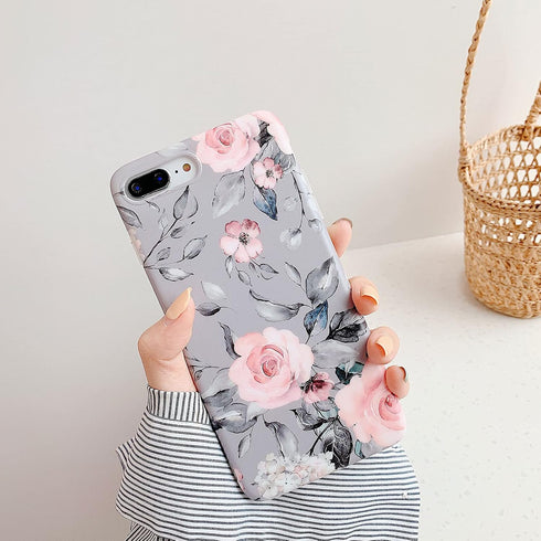 YeLoveHaw for iPhone 8 Plus / 7 Plus Case for Girls, Flexible Soft Slim Fit Full Protective Cute Phone Case Cover with Purple Floral and Gray Leav...