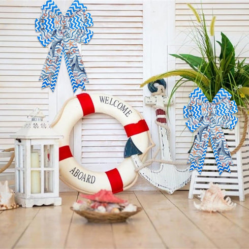 2 Rolls Ocean Ribbons for Crafting, Blue Corals Wired Edge Ribbon, Starfish Turtles Burlap Ribbon Ship Rudder Ribbon Bows for Wreaths Basket DIY C...