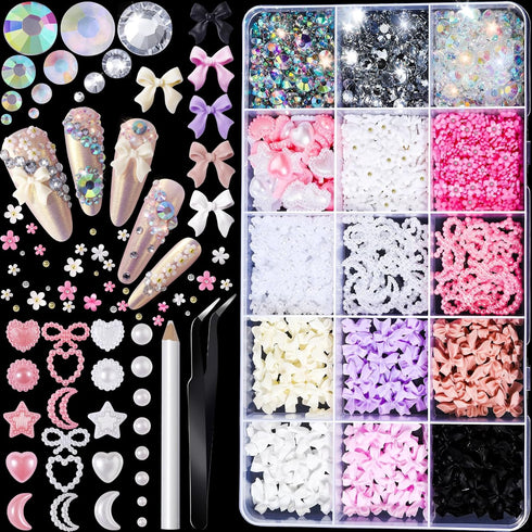FANDAMEI Nail Art Kit, Nail Charms And Gems, Nail Art Charms, Nail Design Kit, Rhinestones For Nails, Nail Gems, Bow Nail Charms, Bow Charms For N...