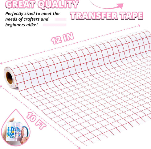 HTVRONT Transfer Tape for Vinyl - 12" x 10 FT w/Red Alignment Grid Clear Transfer Paper for Adhesive Vinyl - Medium Tack Vinyl Transfer Tape for f...