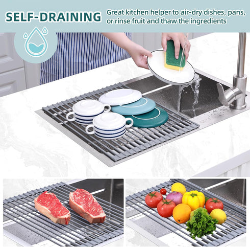 Ohuhu Roll Up Dish Drying Rack, Over The Sink Multipurpose Roll-Up Dish Racks, 16.5" W x 13" L Rolling Heat-Resistant Anti-Slip Silicone Coated Di...