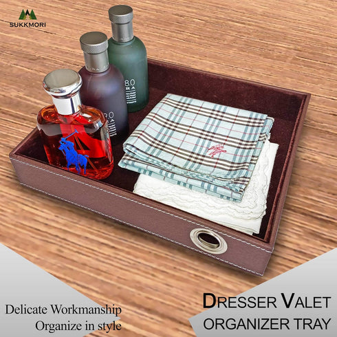 Valet Tray Table Organizer - PU Leather Nightstand Organizer for Men and Women, Jewelry Accessories Catchall Vanity Tray for Dresser Desk Top, Key...