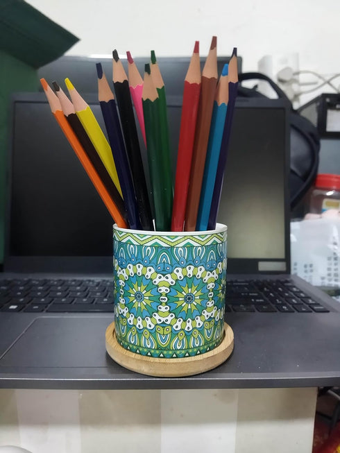 Cute 2.95 Inches Modern Cylindrical Mandalas Shaped Ceramic Succulent Cactus Flower Plant Pots with Bamboo Tray - Plant Not Included (Green)...