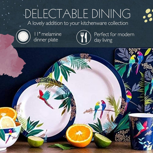 Portmeirion Sara Miller Parrot Melamine Dinner Plates, Set of 4 - Bold Parrot Motif with Tropical Accents - 11" BPA-Free Decorative Plates for Gat...