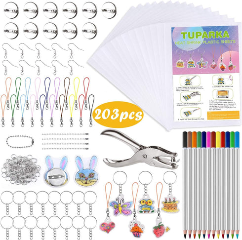 TUPARKA 203 Pcs Heat Shrink Plastic Sheet Kit, 25 Sheets Shrink Film Art Paper, Rolling Mills, Colored Pencils and 165 Pieces Key Rings and Jewelr...