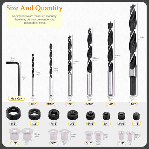 23 Pcs Wood Drill Bit Set with Dowel Pins Center Point and Stopper, Woodworking Brad Point Bit Set Plugs Drill Hole Tool Perfect for Woodworking C...