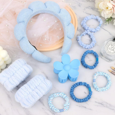 10Pcs Blue Spa Headband and Wrist Washbands Set, Skincare Headband Face Wash Headband Makeup Headband, Flower Hair Claw Clip and 6Pcs Slip Hair Ti...