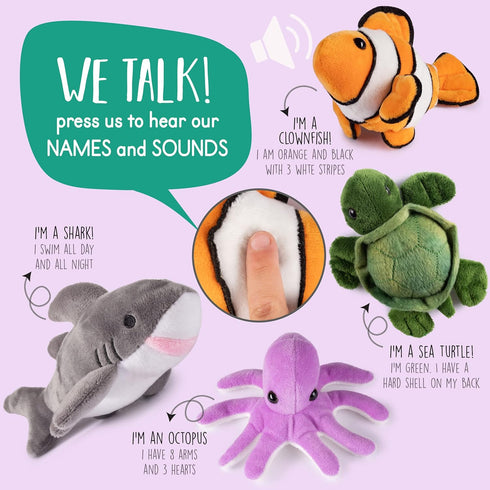 Plush Stuffed Ocean Animals | Plush Sea Creatures Set | Set of 4 Plush Ocean Animals | Octopus, Sea Turtle, Shark, & Clownfish | Baby Stuffed Anim...
