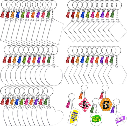 200Pcs Blank Keychains for Vinyl, Acrylic Keychain Blanks Bulk with 5 Shapes Clear Acrylic Disc Leather Tassel Charms Key Chains Jump Ring for DIY...